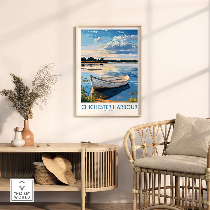 Chichester Harbour wall art print featuring a serene boat on calm waters, enhancing home decor with a touch of elegance.