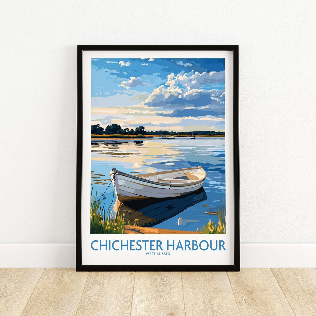 Chichester Harbour wall art print featuring a serene boat on reflective water in West Sussex, England.