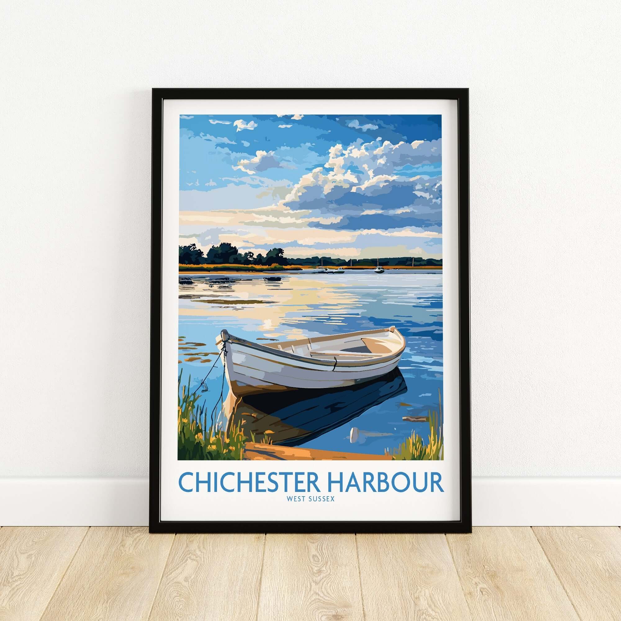 Chichester Harbour West Sussex England Wall Art Print featuring a boat on serene waters under a beautiful sky.