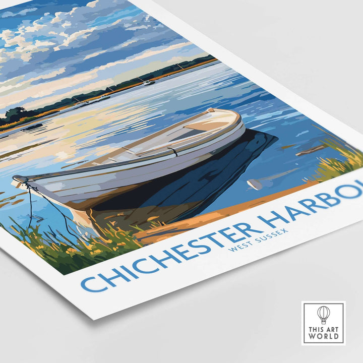 Chichester Harbour wall art print featuring a serene boat on the water with beautiful reflections in West Sussex, England.