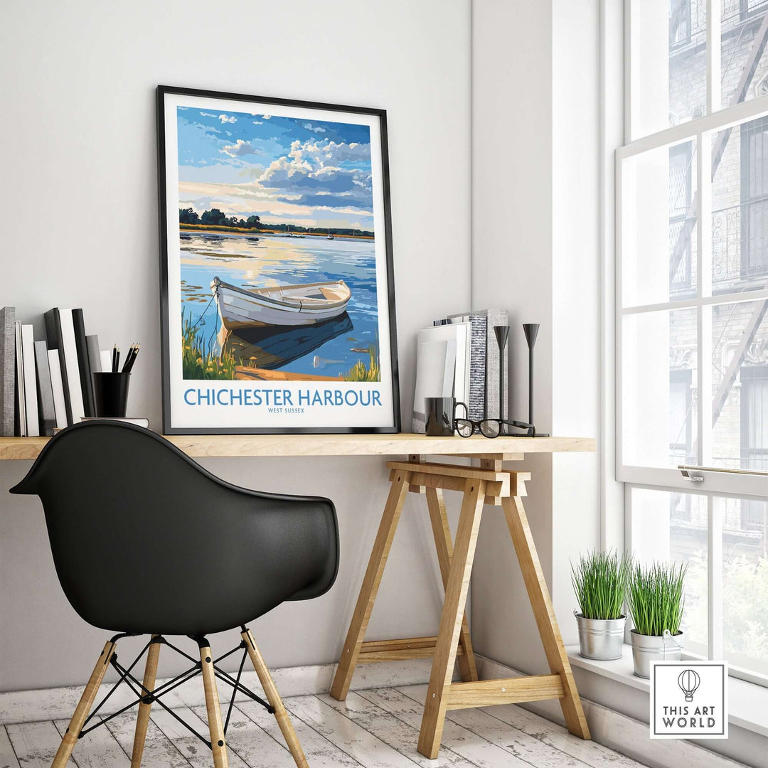 Chichester Harbour wall art print displayed in a modern home office setting with elegant decor and natural light.