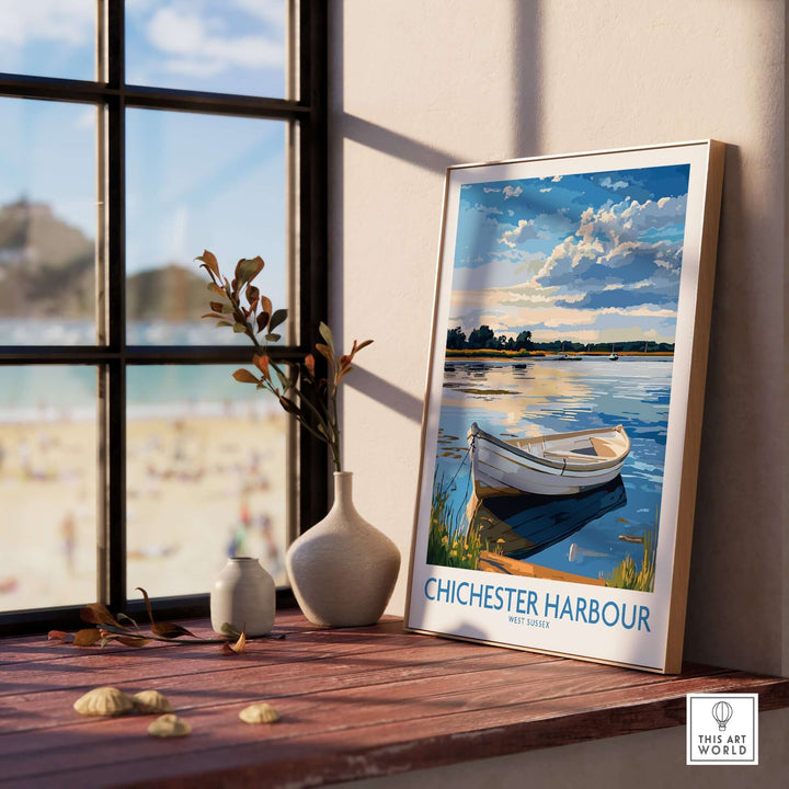 Chichester Harbour wall art print in a stylish home setting, showcasing tranquil waters and a boat in West Sussex, England.