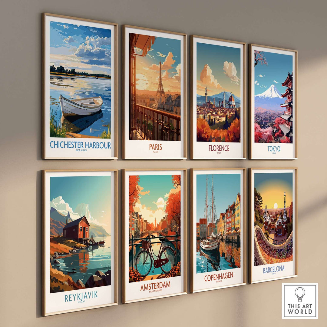 Chichester Harbour wall art print alongside travel posters of Paris, Florence, Tokyo, Reykjavik, Amsterdam, Copenhagen, and Barcelona.