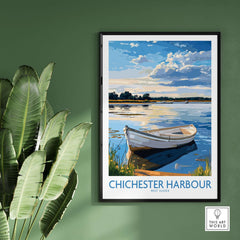 Chichester Harbour West Sussex England Wall Art Print showcasing a serene boat on the water with lush greenery.
