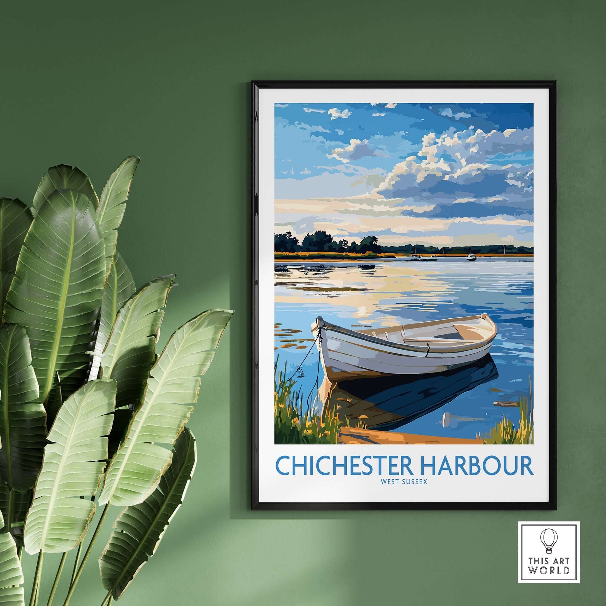 Chichester Harbour West Sussex England Wall Art Print showcasing a serene boat on the water with lush greenery.