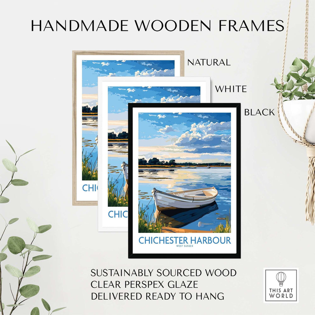 Handmade wooden frames in natural, white, and black for Chichester Harbour wall art, made from sustainably sourced wood.