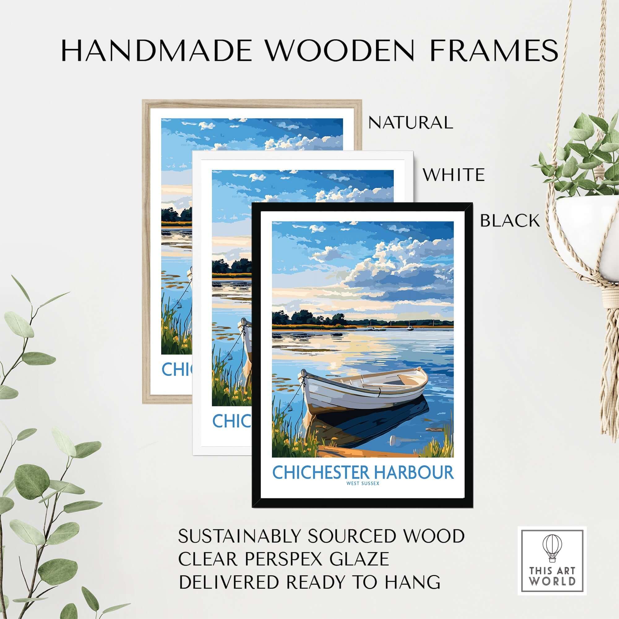 Chichester Harbour West Sussex England Wall Art Print framed in natural, white, and black handmade wooden frames.