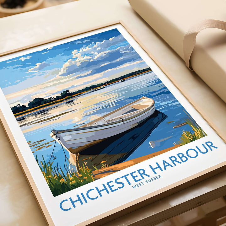 Chichester Harbour wall art print featuring a boat on calm waters in West Sussex, England, ideal for home decor.