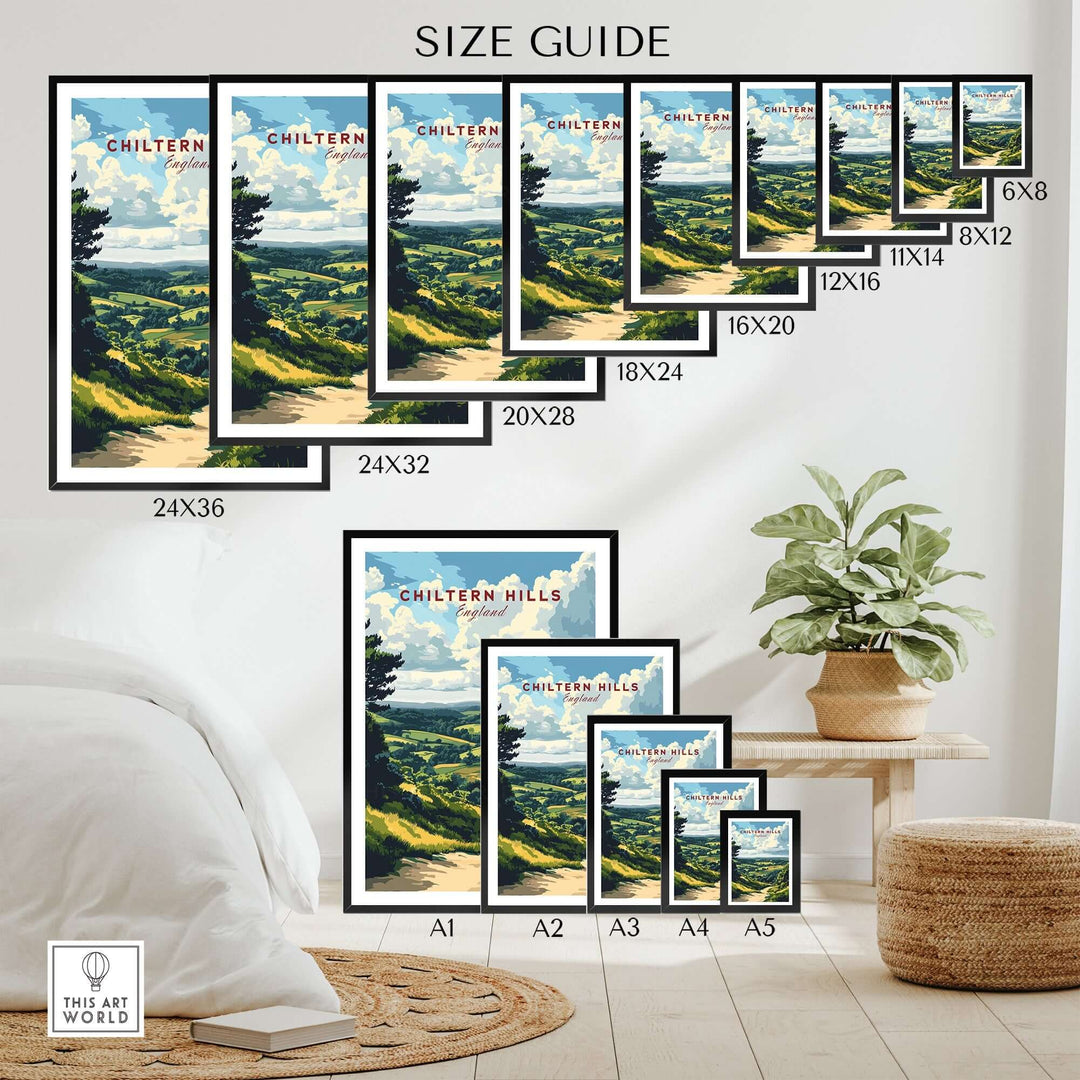 Size guide for Chiltern Hills Art Print showcasing various frame sizes in a stylish interior setting.