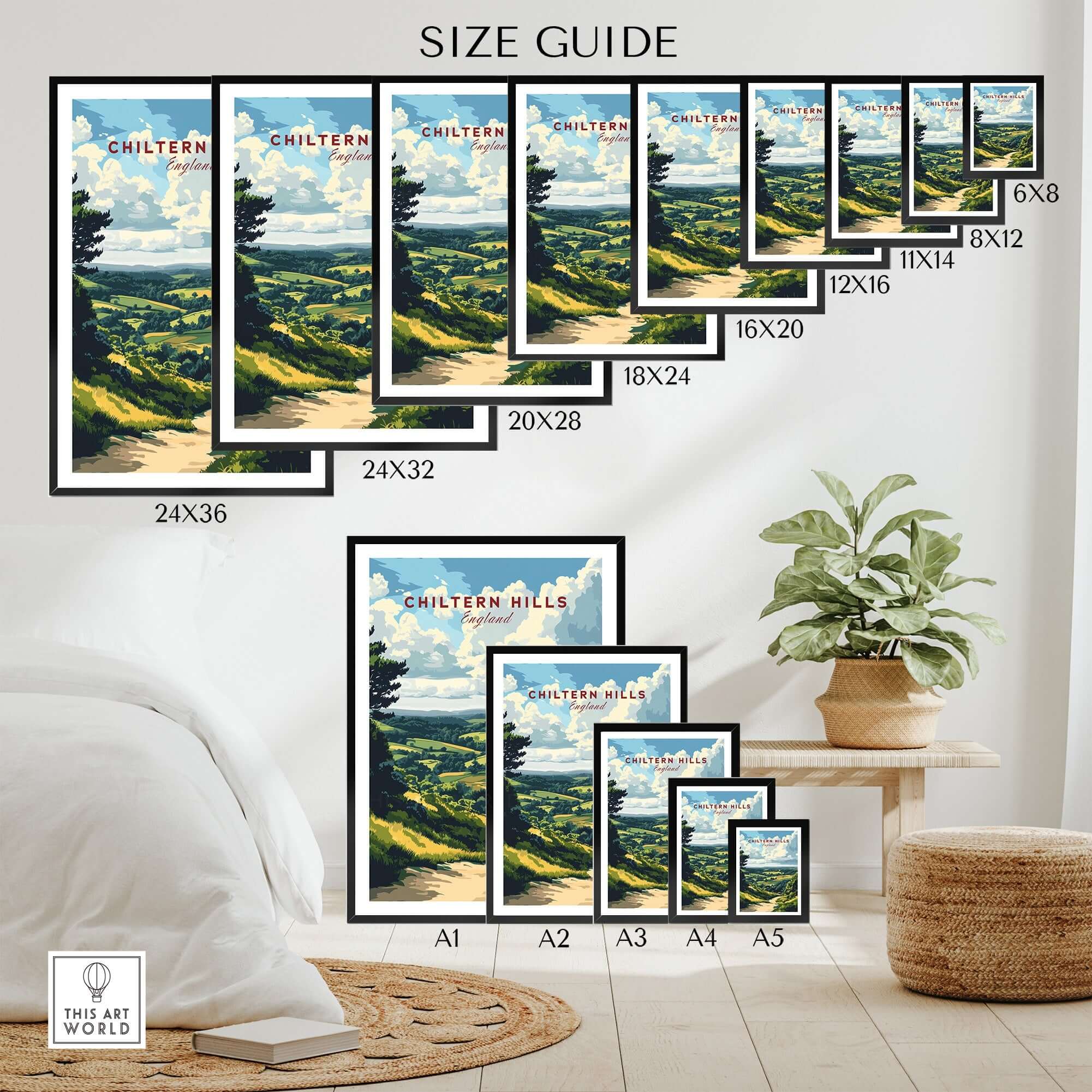 Chiltern Hills Art Print size guide displaying various frame sizes and dimensions for optimal display.