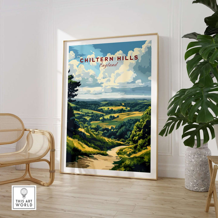 Chiltern Hills art print displayed in a modern living room, showcasing scenic English countryside in vibrant colors.