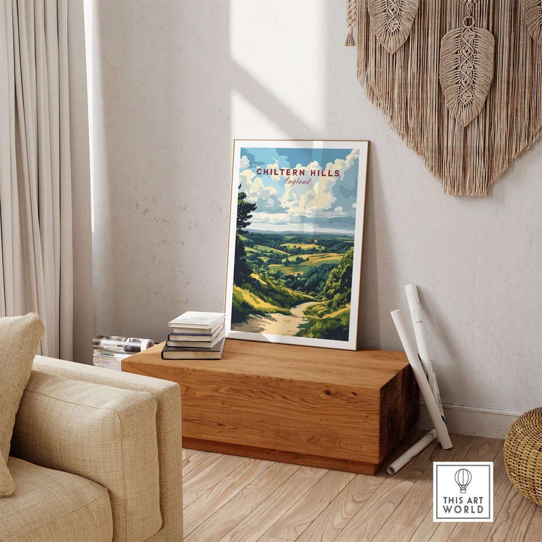 Chiltern Hills Art Print depicting lush green landscapes and a serene sky, perfect for home decor and nature inspiration.