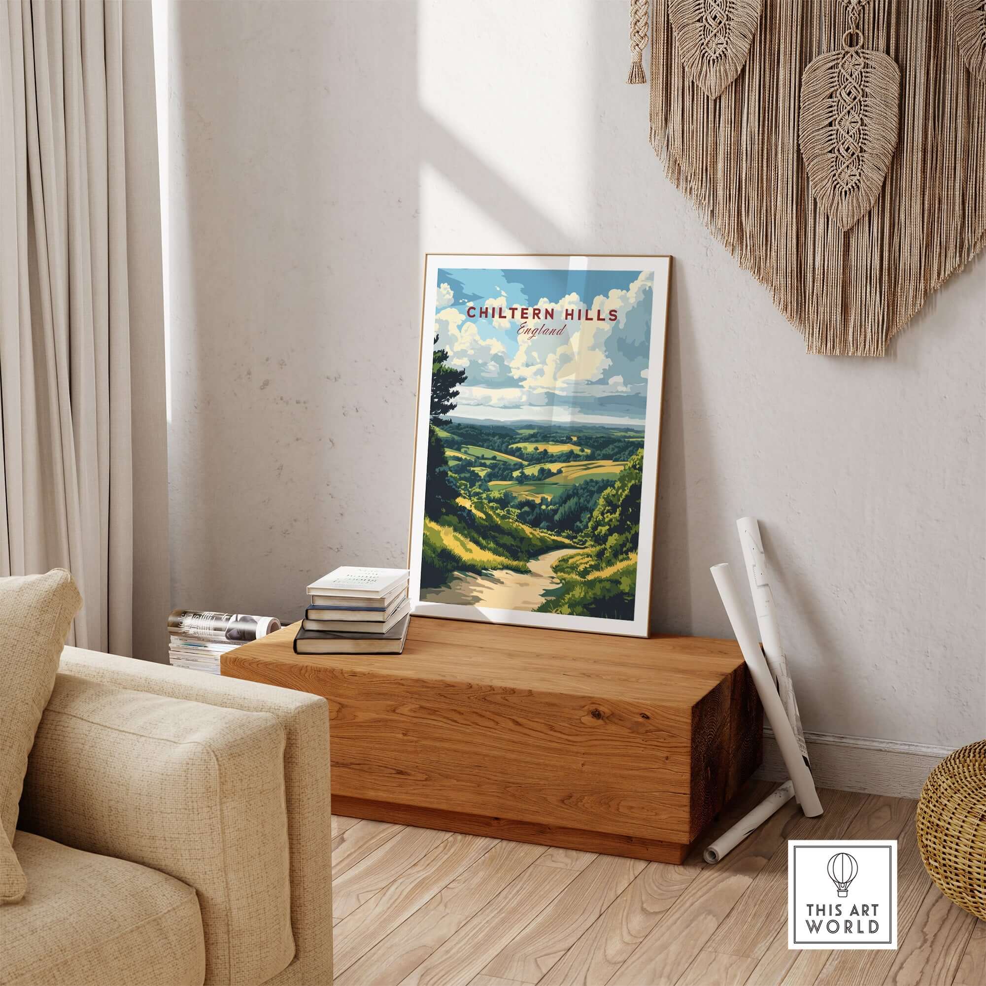Chiltern Hills Art Print showcased in a cozy living room setting, highlighting nature's beauty.