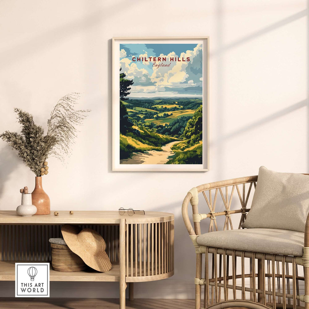 Chiltern Hills art print framed on a wall, showcasing serene countryside landscape and lush greenery in a stylish interior setting.