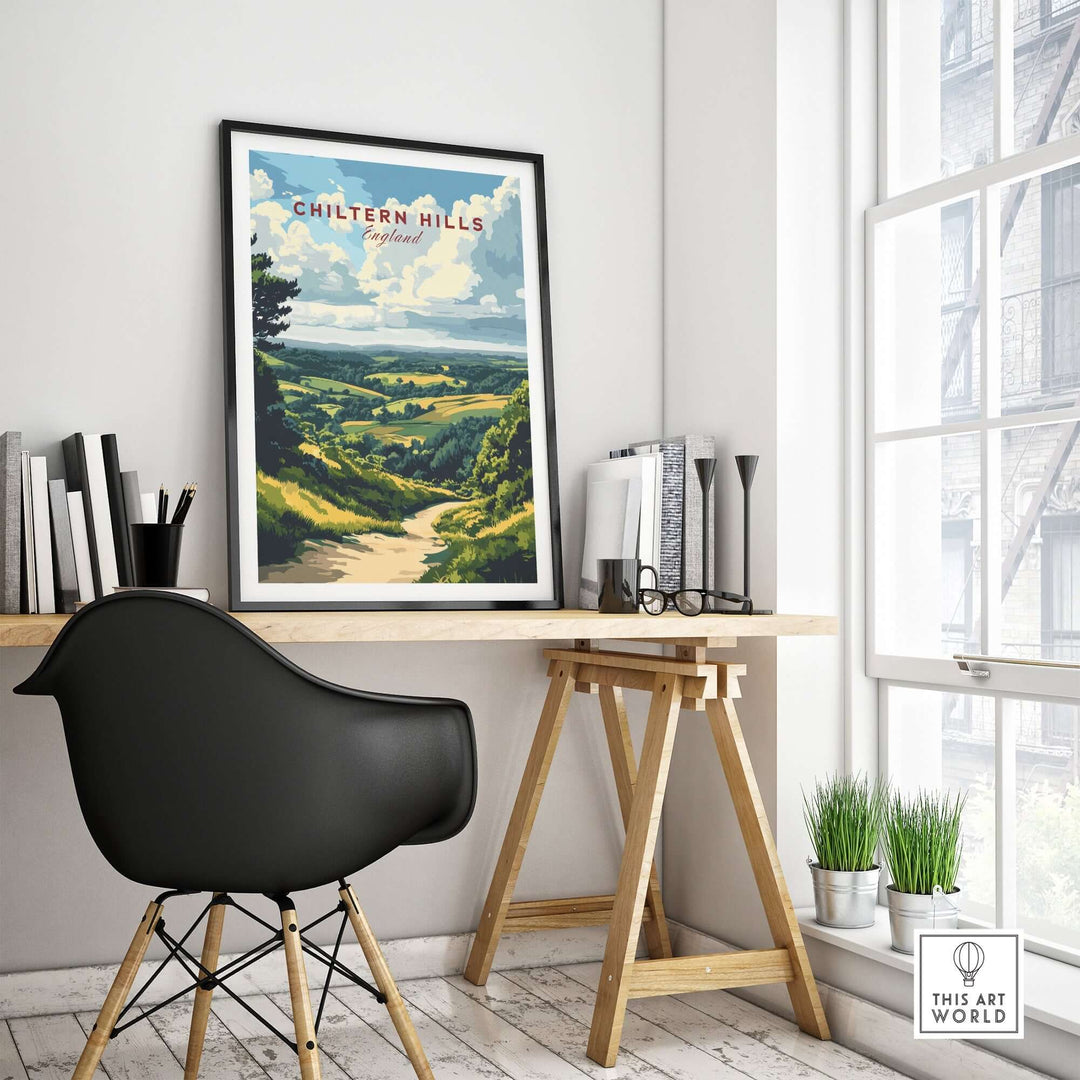 Chiltern Hills art print displayed on a modern desk in a bright, stylish home office setting.