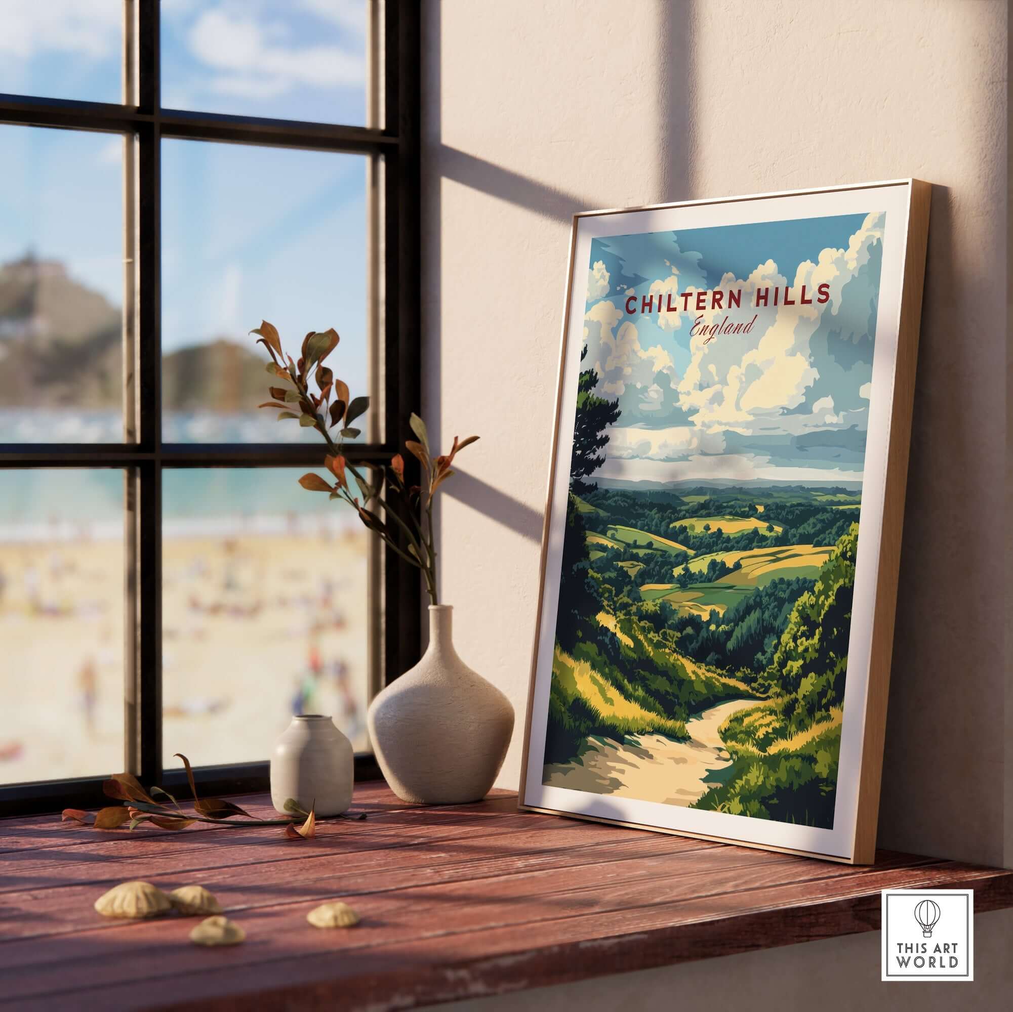 Chiltern Hills Art Print displayed on a windowsill with a scenic view of nature in the background.