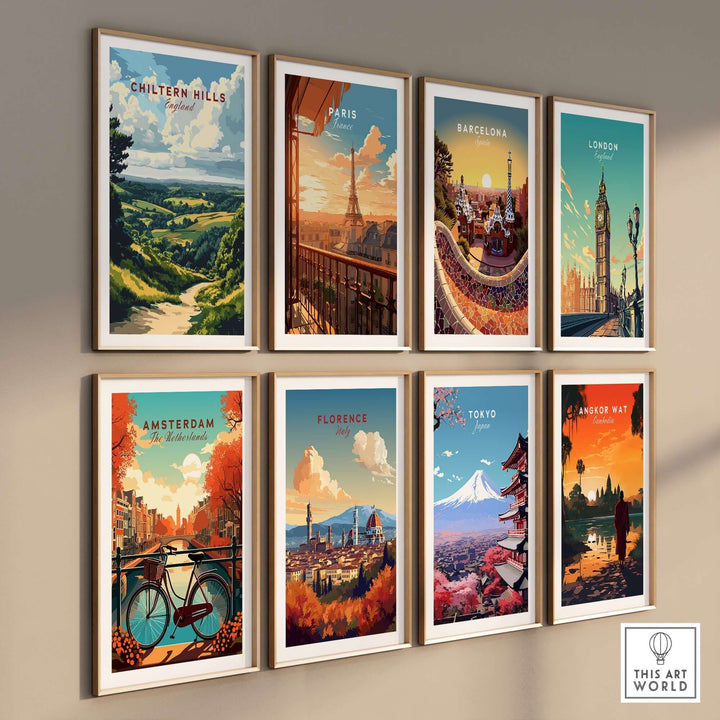 Collection of framed city art prints including Chiltern Hills, Paris, Barcelona, London, Amsterdam, Florence, Tokyo, and Angkor Wat.