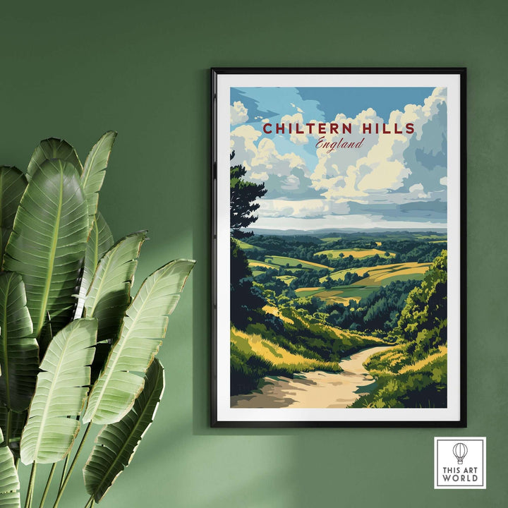 Chiltern Hills art print featuring scenic landscape and clouds, framed against a green wall with indoor plants.