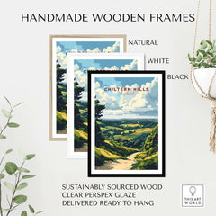Chiltern Hills Art Print displayed in three handmade wooden frames: natural, white, and black, ready to hang.
