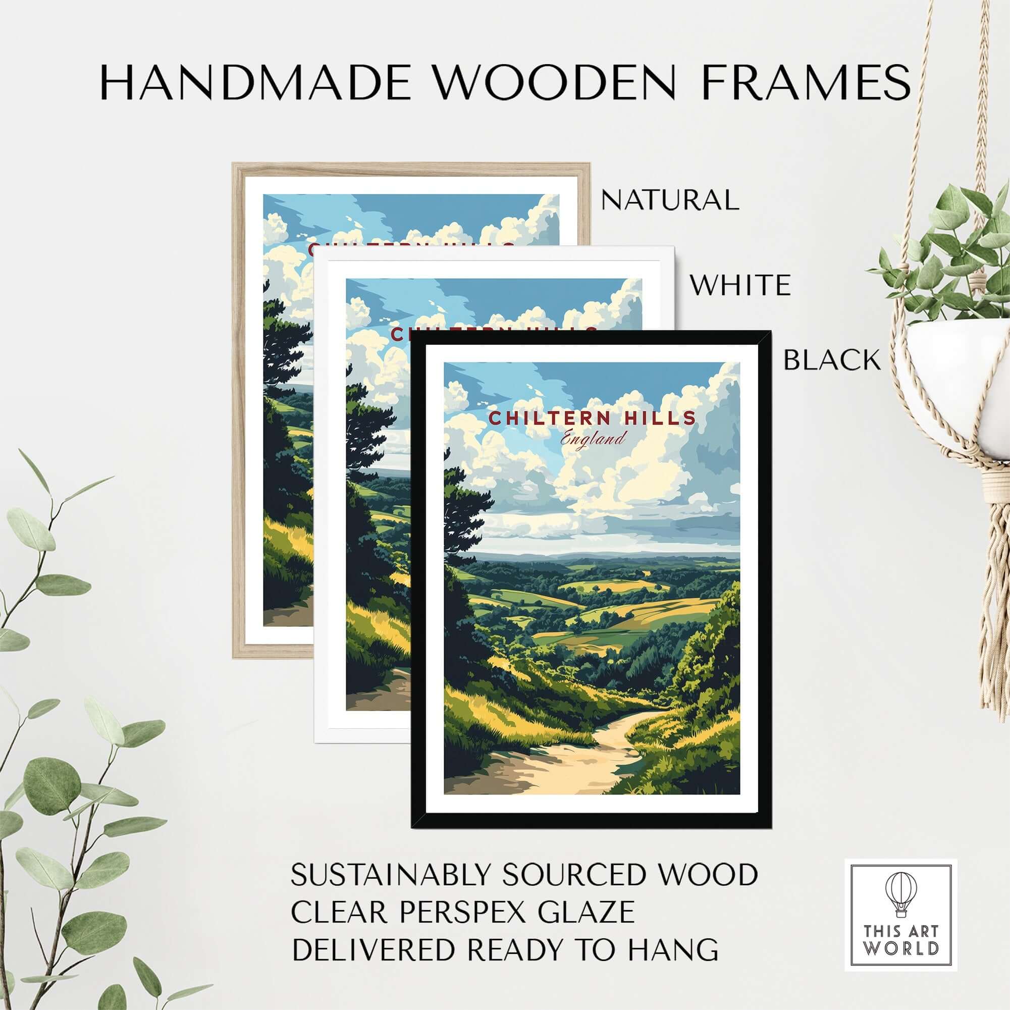 Chiltern Hills Art Print displayed in three handmade wooden frames: natural, white, and black, ready to hang.