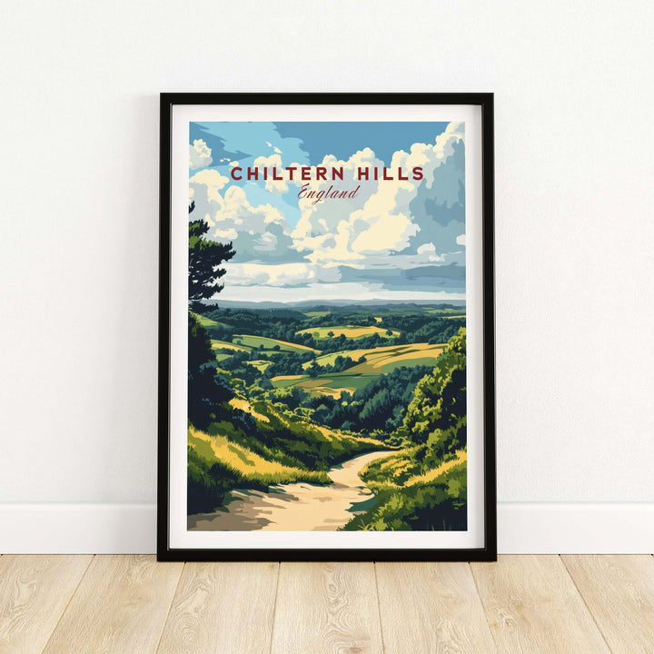 Chiltern Hills art print showcasing lush green landscapes and a blue sky, framed for a stunning wall display.