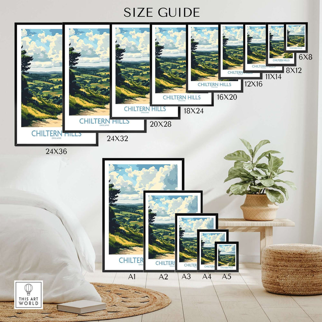 Size guide for Chiltern Hills print with various frame sizes displayed in a cozy living room setting.