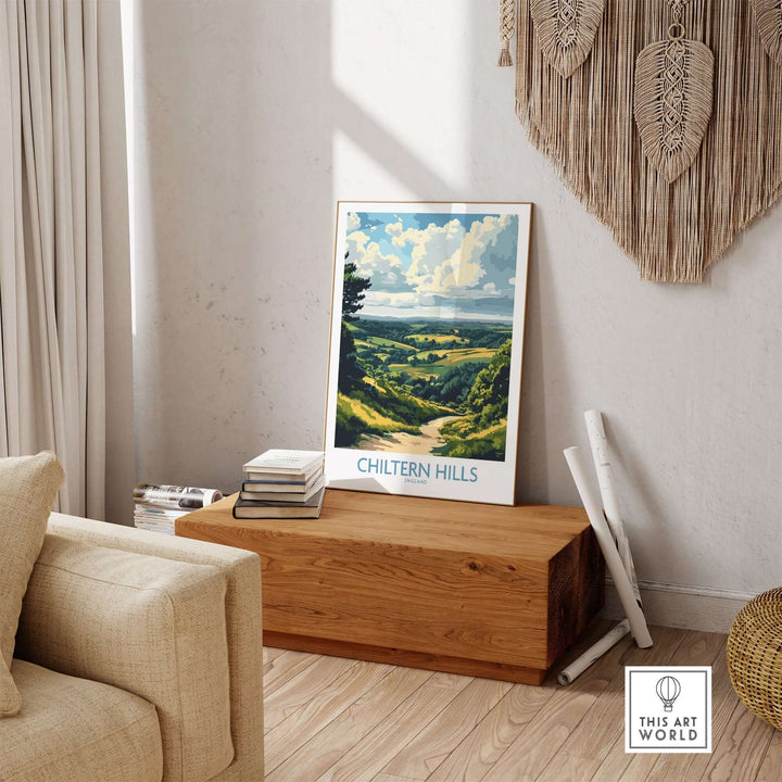 Chiltern Hills print displayed in modern living room with natural decor, showcasing vibrant landscapes of England.