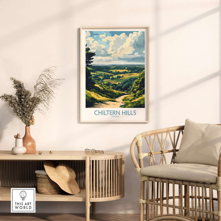 Chiltern Hills print displayed in a cozy living room setting, showcasing vibrant landscapes and serene colors.