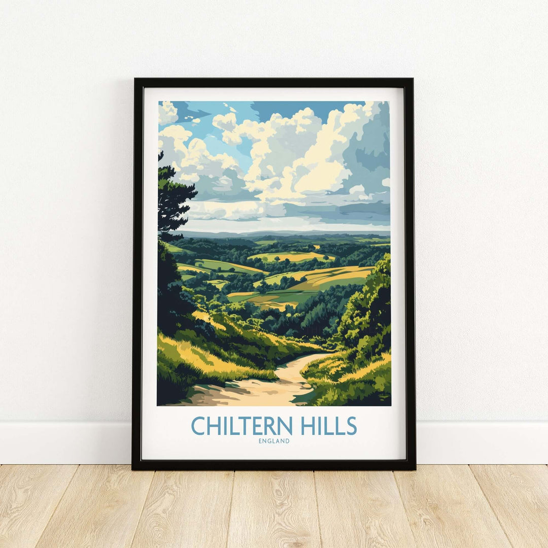 Chiltern Hills print featuring a vibrant landscape of rolling hills and clouds, perfect for home decor.