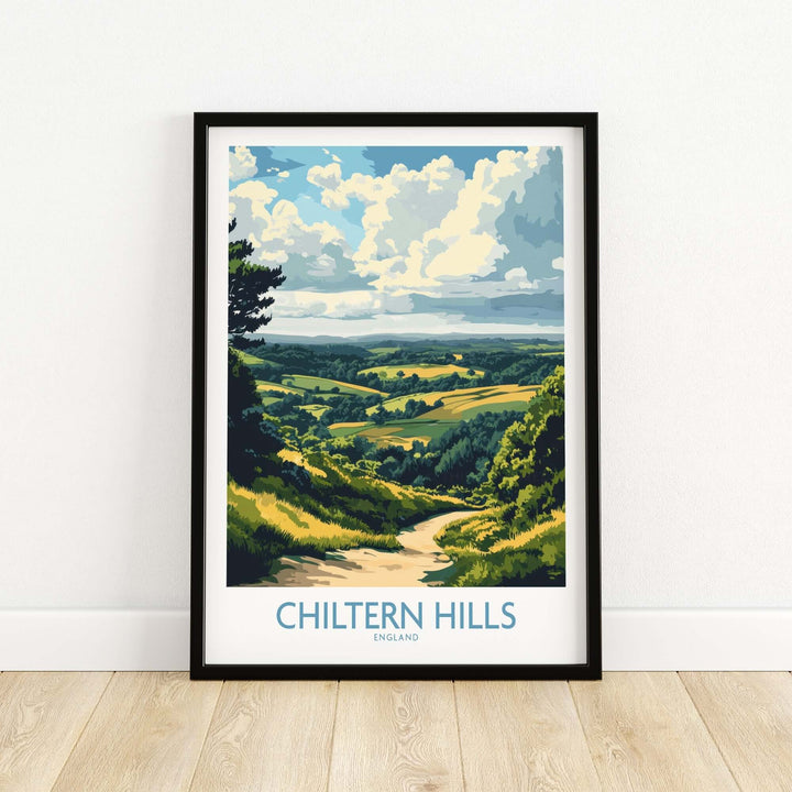 Chiltern Hills print featuring a vibrant landscape of rolling hills and clouds, perfect for home decor.