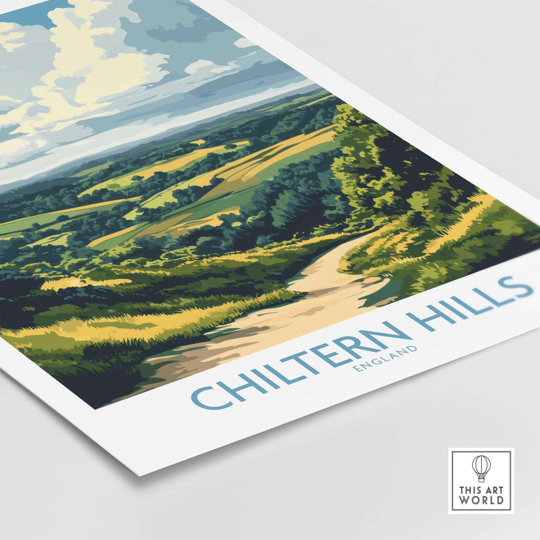 Chiltern Hills print showcasing a vibrant landscape of rolling hills and skies in England, perfect for home decor.