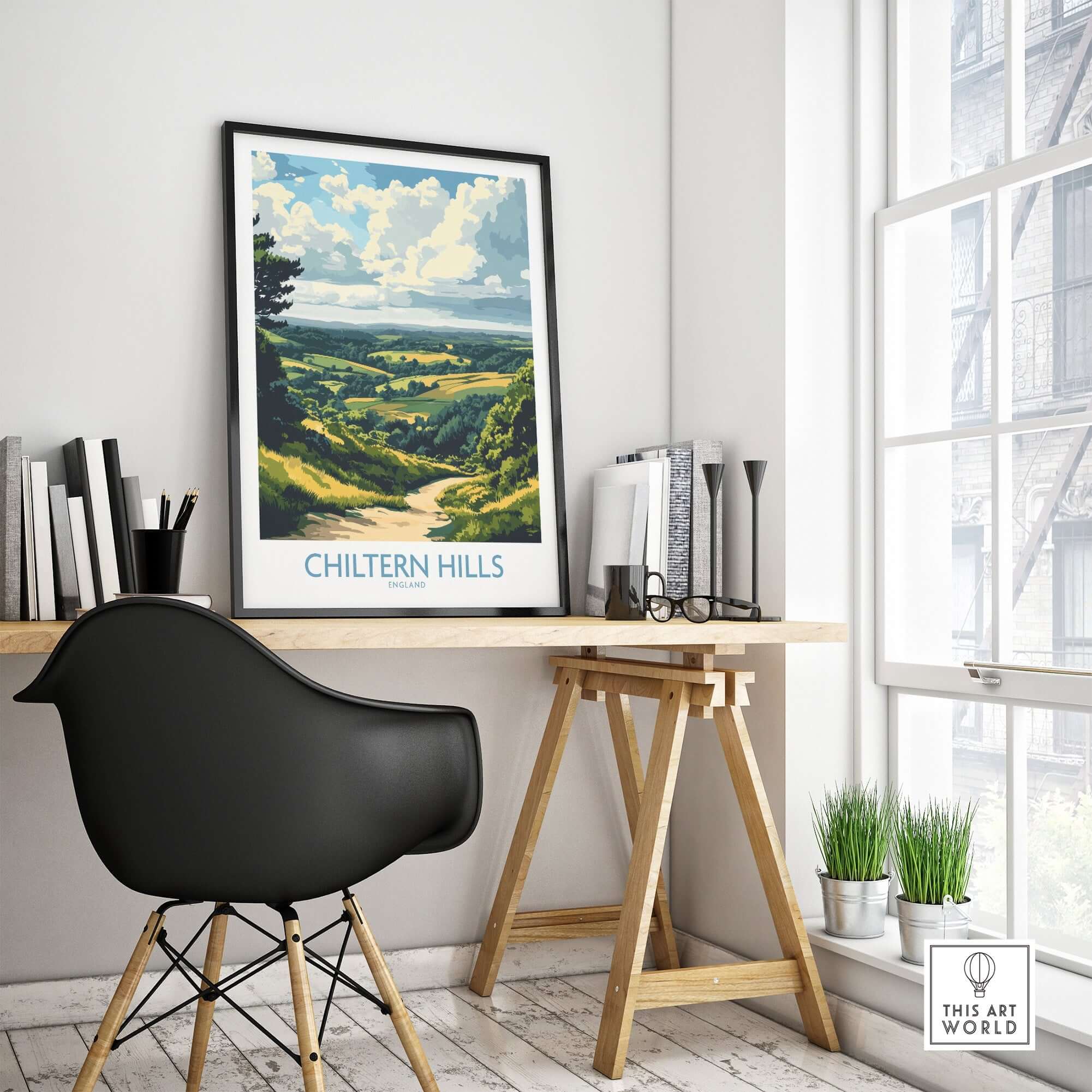 Chiltern Hills Print hanging on a wall over a stylish desk in a bright home office setting, showcasing beautiful landscape.