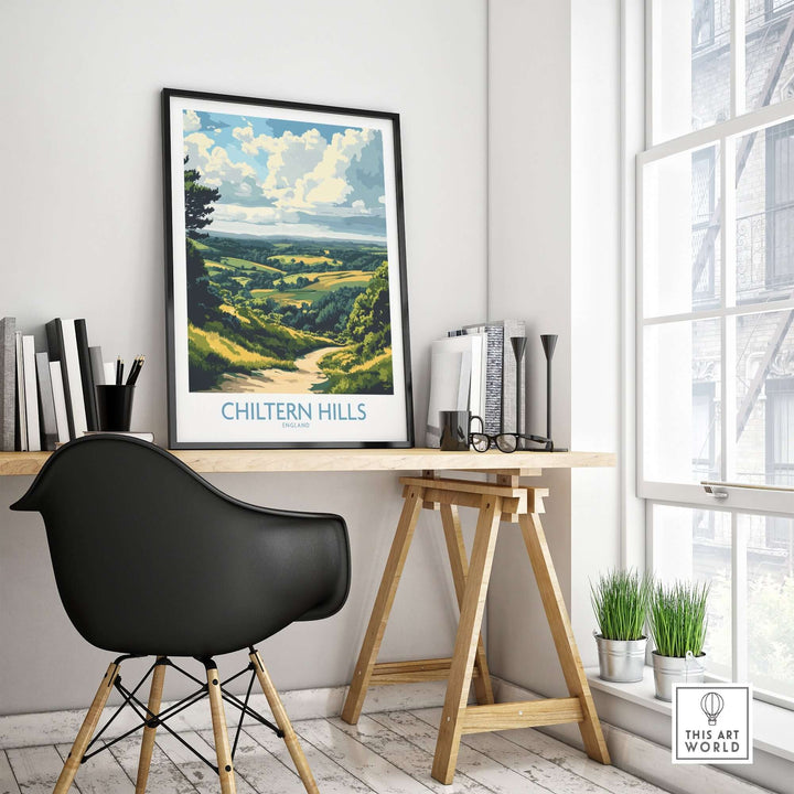 Chiltern Hills print displayed in a modern home office, showcasing vibrant landscape art and cozy decor accents.