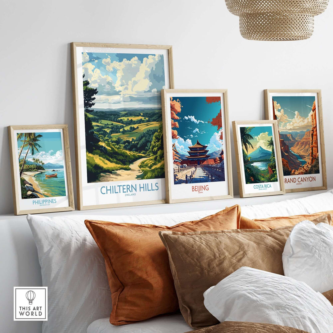 Framed Chiltern Hills print among other travel art, showcasing vibrant landscapes and natural beauty in a stylish home setting.