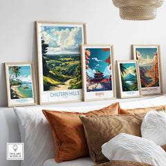 Chiltern Hills Print displayed among other travel posters on a stylish wall.