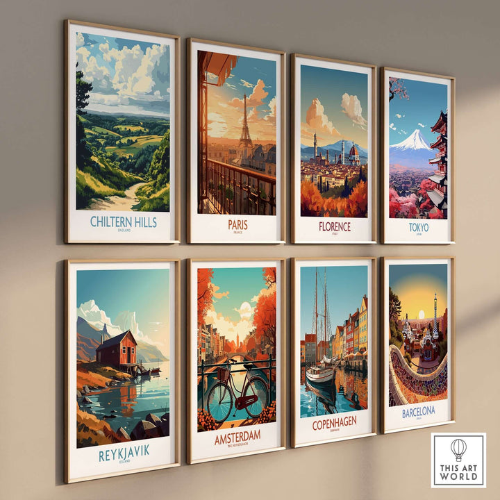 Colorful travel prints featuring landscapes of Chiltern Hills, Paris, Florence, Tokyo, Reykjavik, Amsterdam, Copenhagen, and Barcelona.