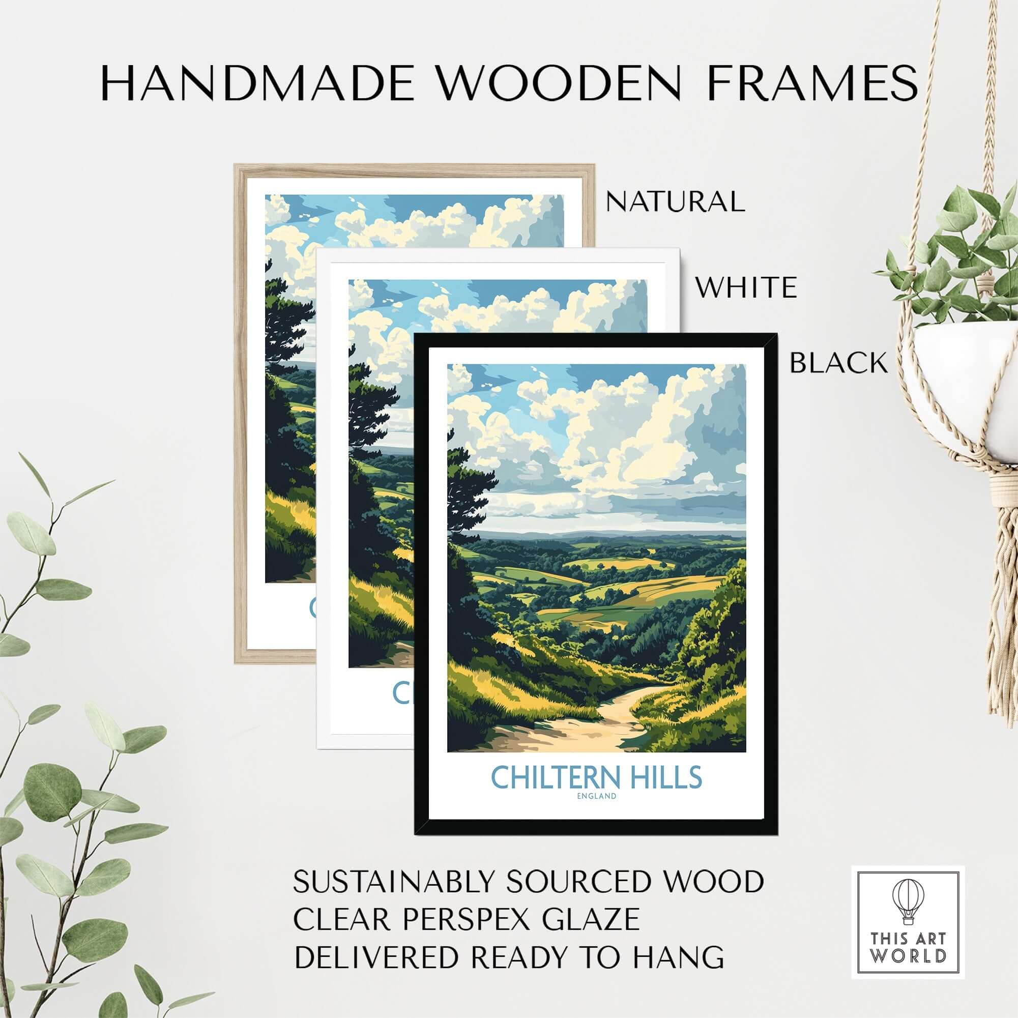 Chiltern Hills Print framed options in natural, white, and black handmade wooden frames, sustainably sourced wood.