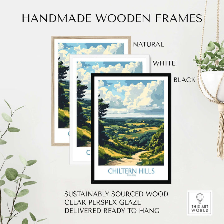 Handmade wooden frames in natural, white, and black for Chiltern Hills print, showcasing sustainable materials and elegant design.