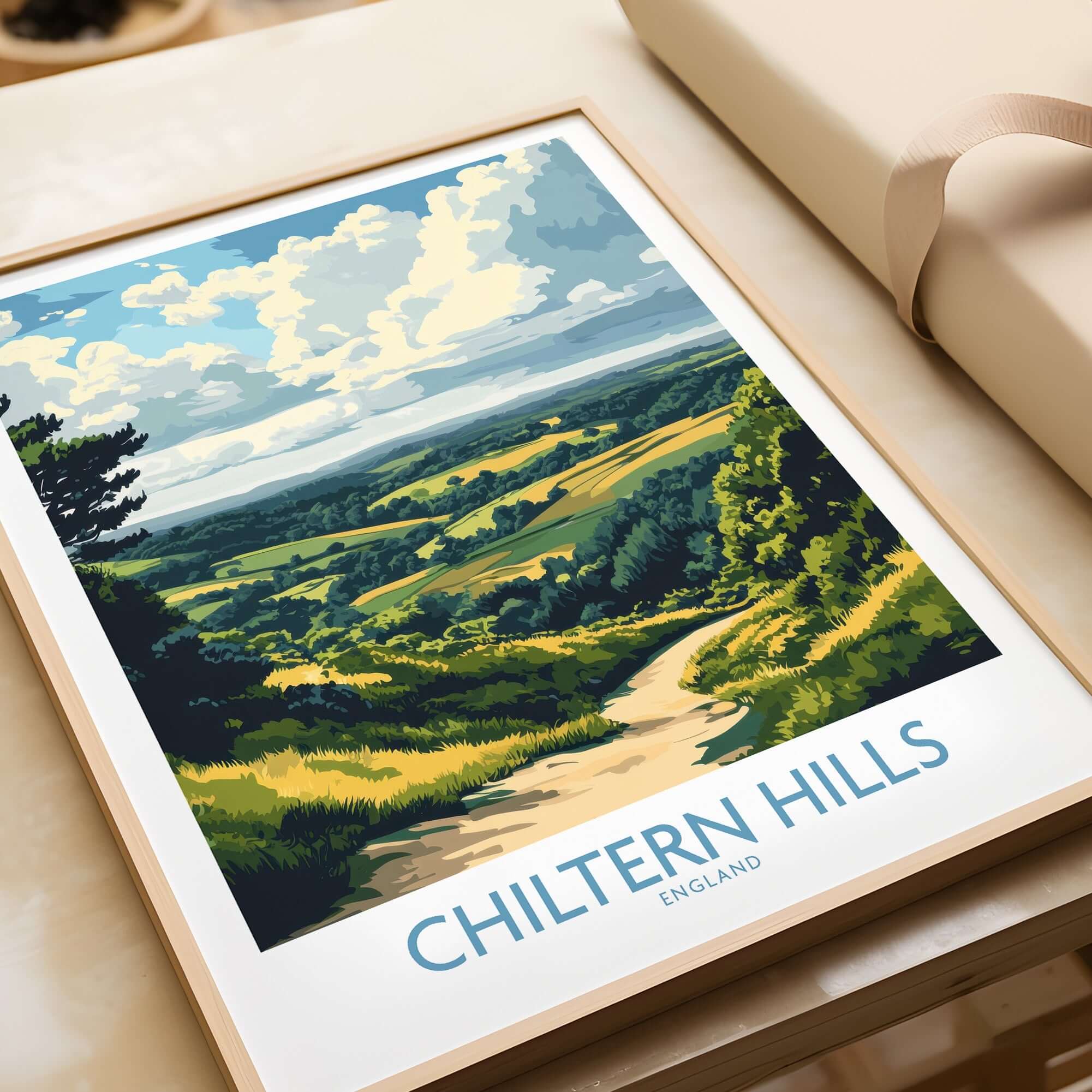 Chiltern Hills Print showcasing a vibrant landscape of the Chiltern Hills in England, perfect for home decor.