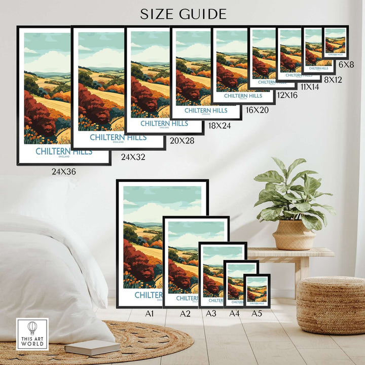 Size guide for Chiltern Hills Travel Poster, showcasing various frame sizes against a home interior backdrop.