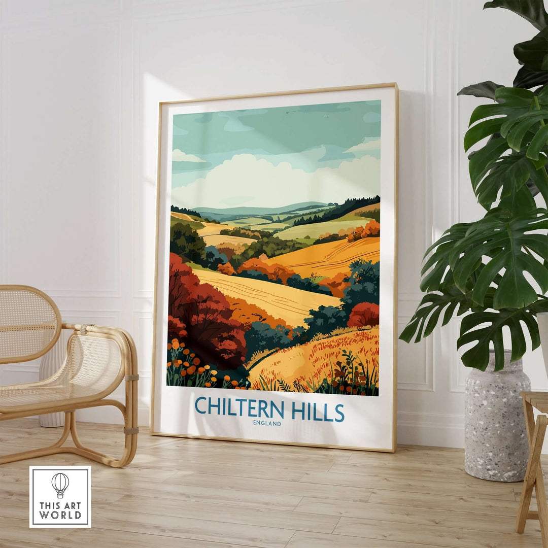 Chiltern Hills travel poster showcasing vibrant English countryside with rolling hills and autumn colors.