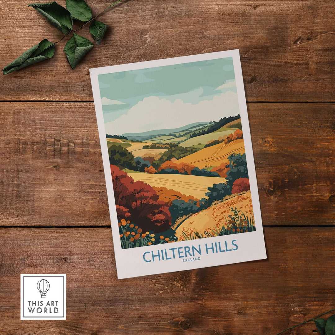 Chiltern Hills travel poster showcasing rolling hills and vibrant countryside scenery in England. Perfect for home decor.