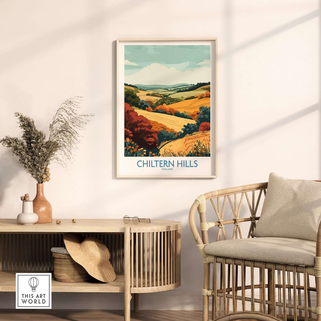 Chiltern Hills travel poster decor in a cozy home setting, showcasing vibrant English countryside landscapes.