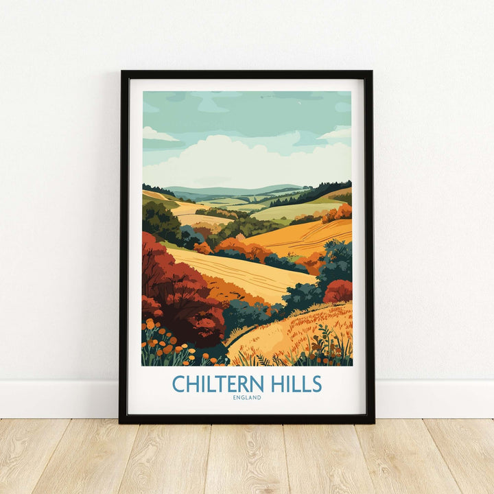 Chiltern Hills travel poster showcasing vibrant English countryside with rolling hills and colorful foliage.