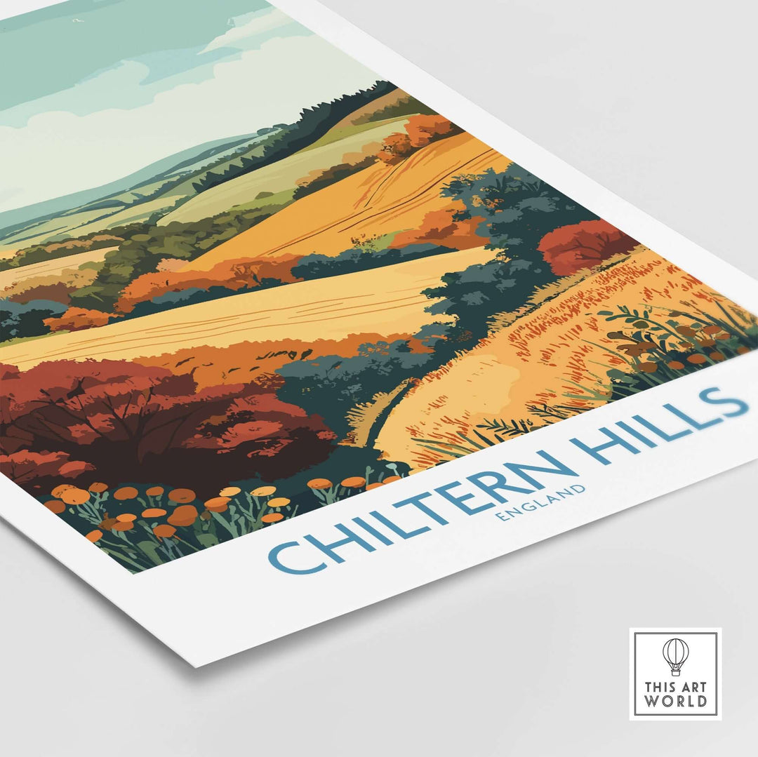 Chiltern Hills travel poster showcasing vibrant English countryside with rolling hills and autumn colors.