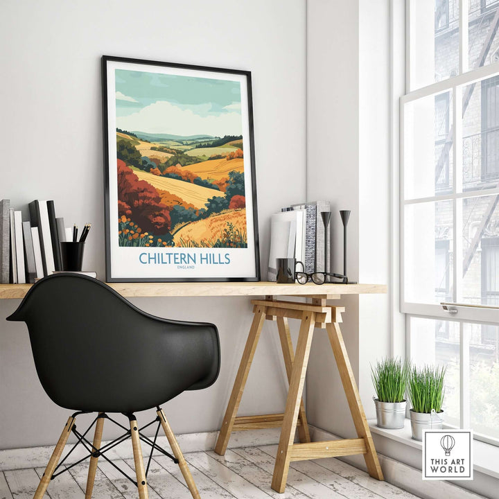 Chiltern Hills Travel Poster displayed in a stylish home office, showcasing the beauty of the English countryside.