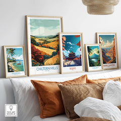 Chiltern Hills Travel Poster displayed among other travel art prints, showcasing stunning landscapes in a stylish room decor.