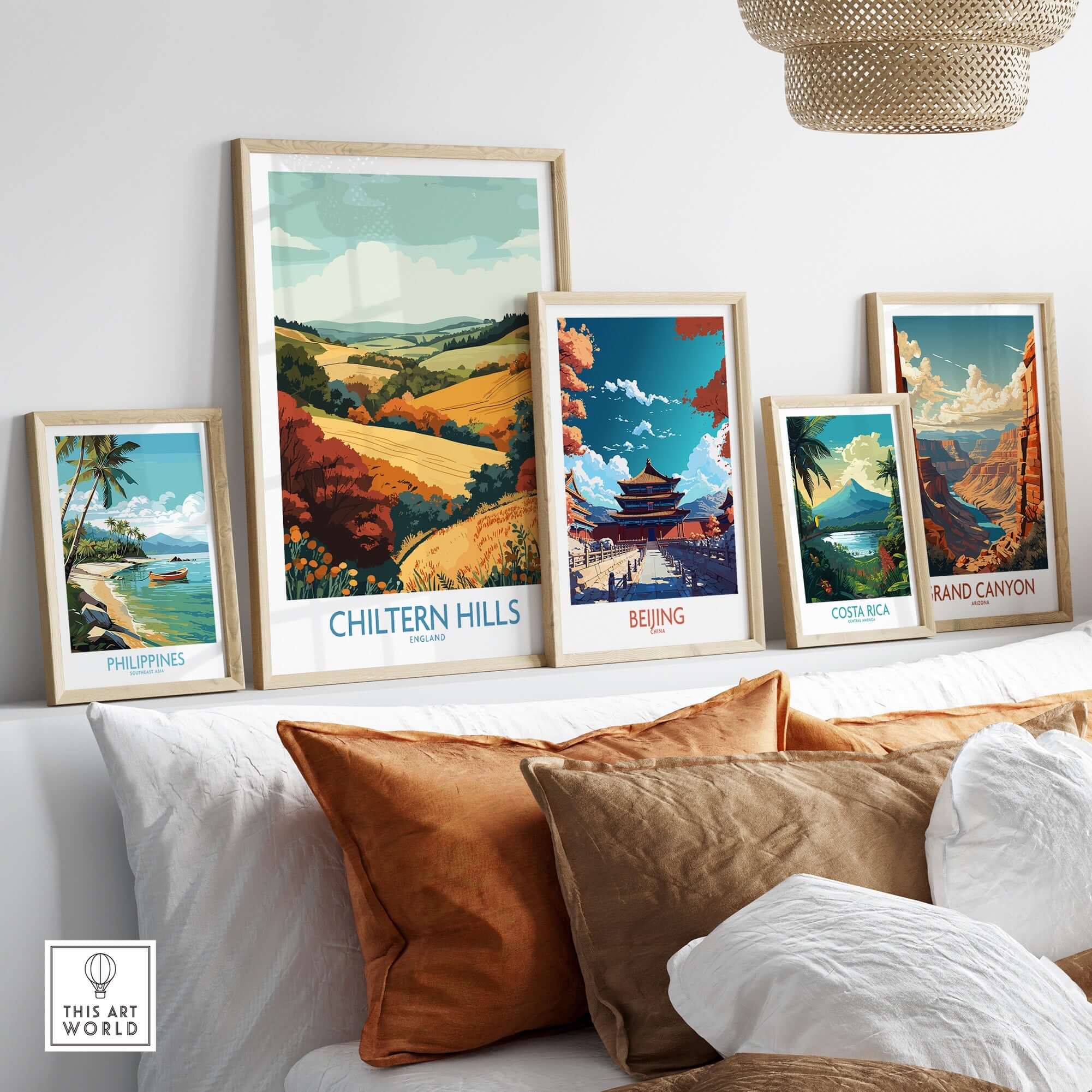 Chiltern Hills Travel Poster displayed among other travel art prints, showcasing stunning landscapes in a stylish room decor.