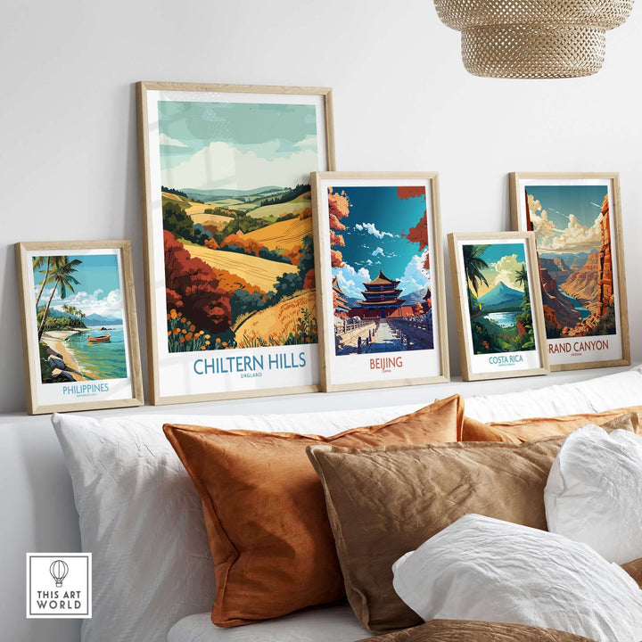 Collection of travel posters including Chiltern Hills, Beijing, Costa Rica, and Grand Canyon displayed in a stylish interior setting.