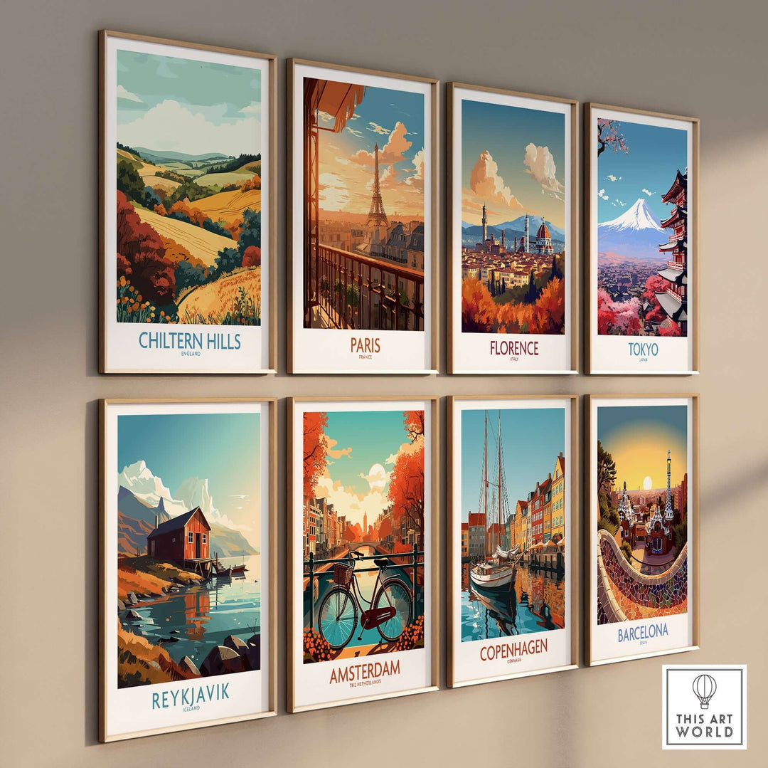 Collection of travel posters featuring Chiltern Hills, Paris, Florence, Tokyo, Reykjavik, Amsterdam, Copenhagen, and Barcelona.